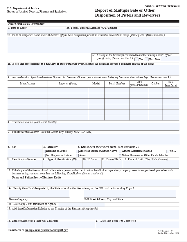 A screencapture of the ATF "Report of Multiple Sale or Other Disposition of Pistols and Revolvers" Form 3310.4.
